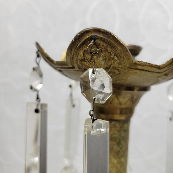 Antique Brass Candlesticks 11" Gold Candle Holder Crystal Prisms Ornate Art Deco - Picture 10 of 16